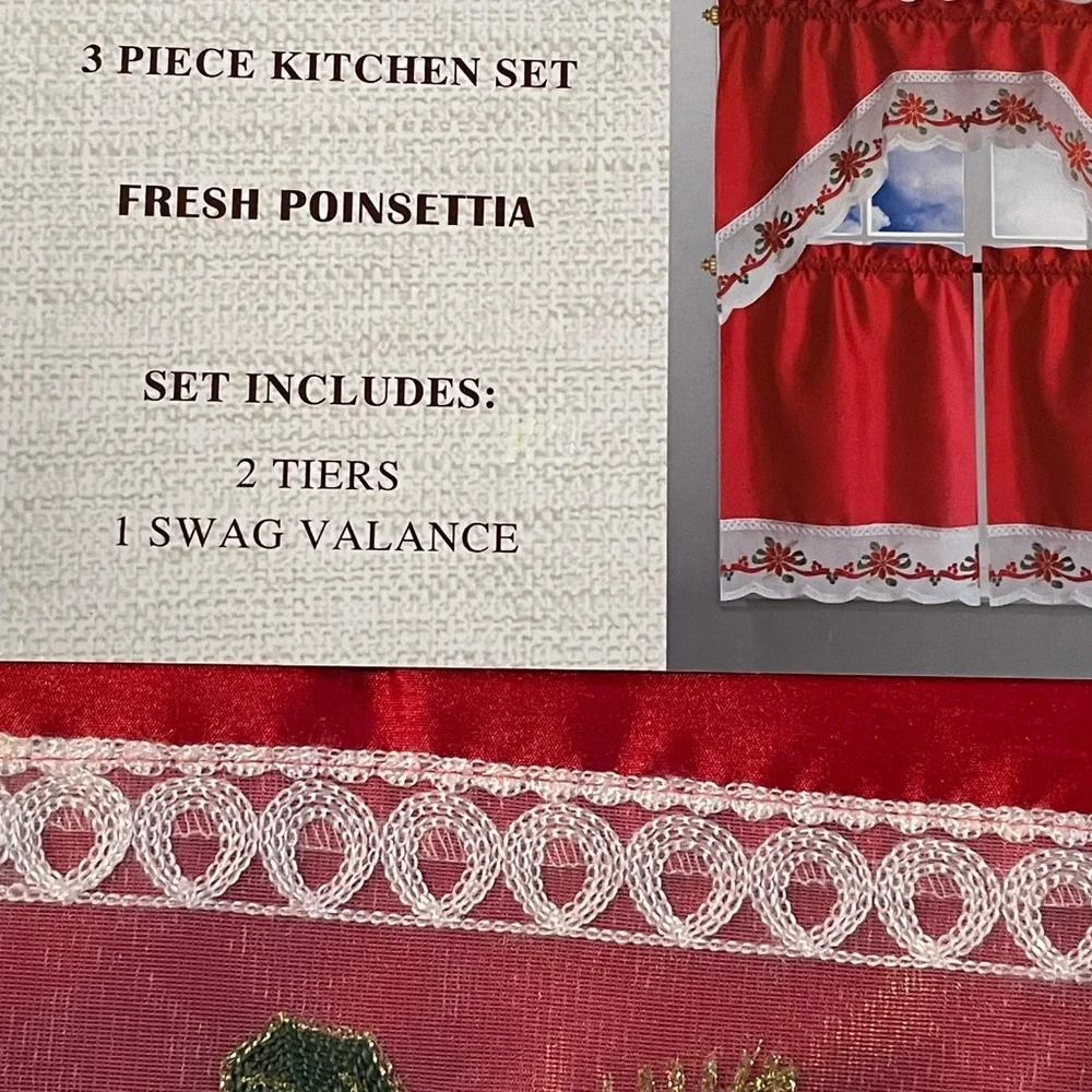 NEW Red Christmas Poinsettia Flower Embroidered 3-Piece Kitchen Curtain Window